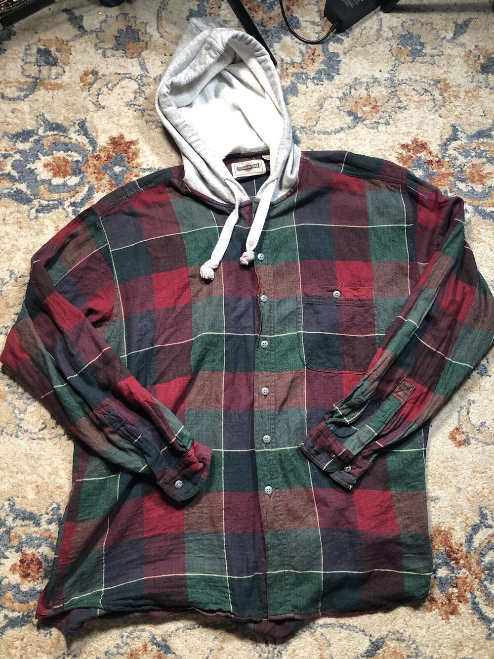 VTG 90s Creative Edge Plaid Flannel Hooded Hoodie Button Up Shirt Mens XL